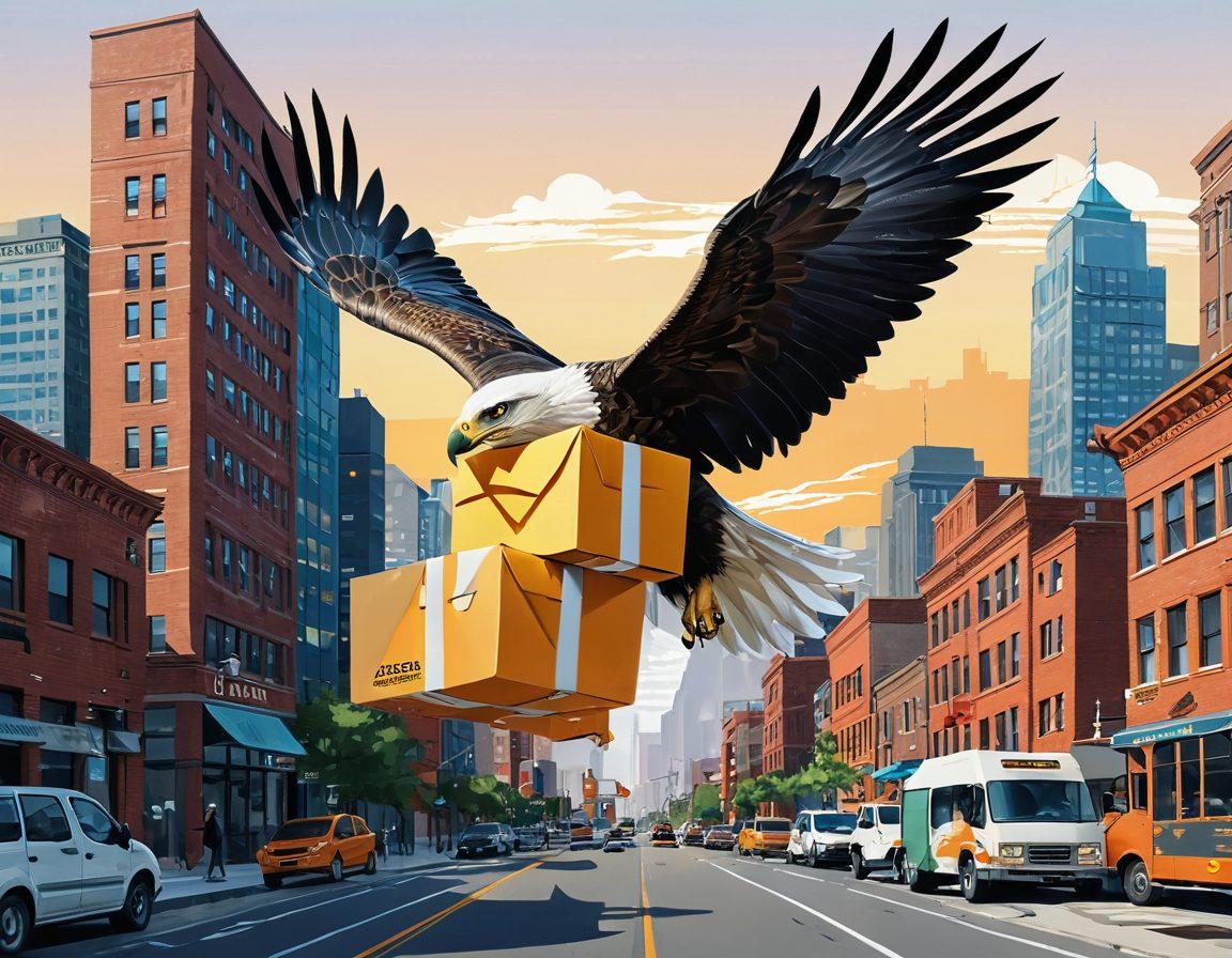 A dynamic and modern illustration depicting a soaring eagle with a package in its talons, symbolizing swift delivery. The background shows a busy urban landscape with delivery vans and a digital interface illustrating cost-effective delivery options. Incorporate elements like dollar signs and speed lines to emphasize affordability and efficiency. The color palette should be bright and engaging to capture the reader's attention. super-realistic. vibrant colors. white background.