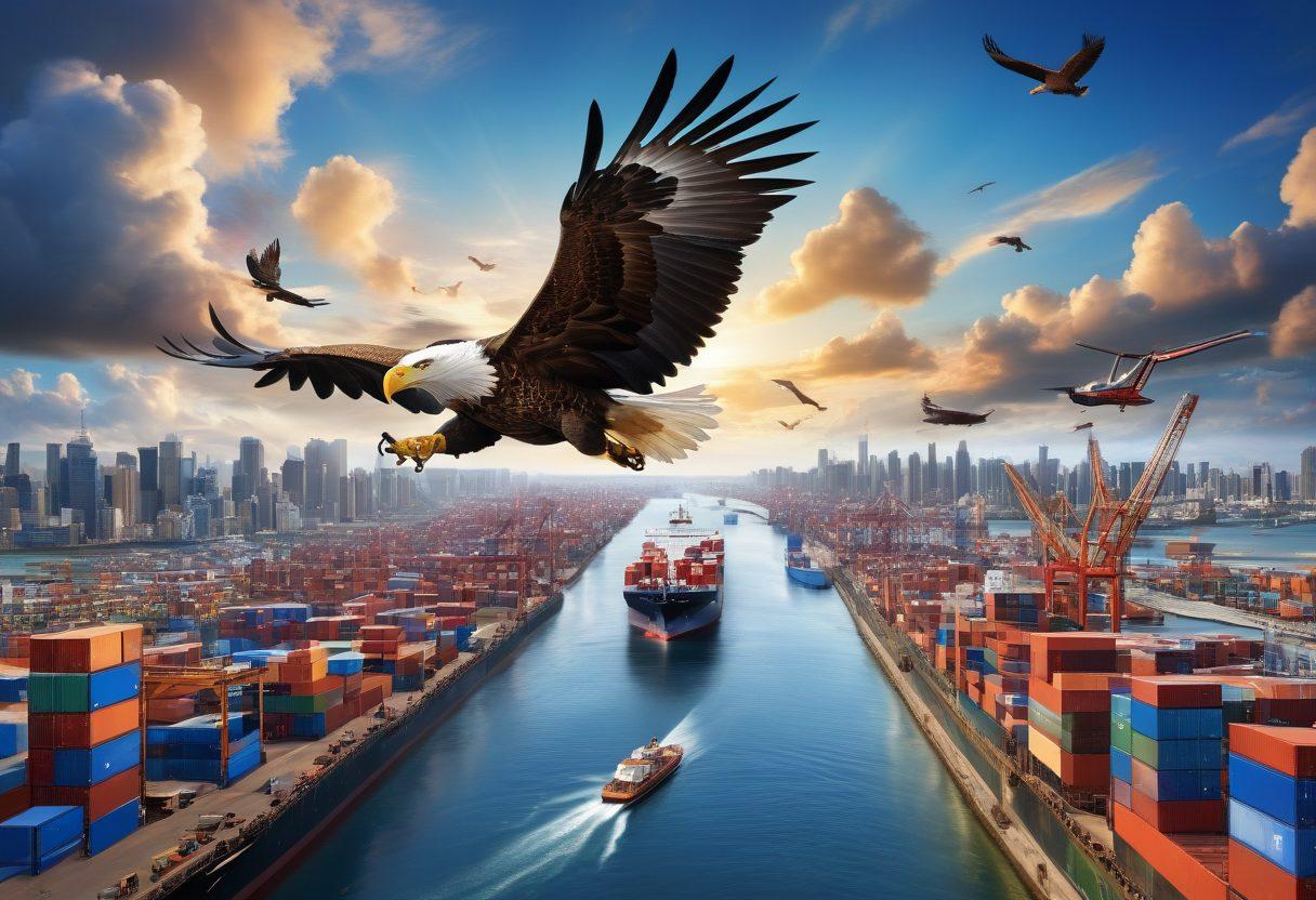 A majestic eagle soaring high above a bustling cityscape, representing shipping and logistics advancements. Below, vibrant cargo ships and trucks navigate through a dynamic network of roads and waterways. The background features a bright blue sky with scattered clouds, embodying freedom and efficiency. The scene captures the essence of competition and triumph in the logistics industry. super-realistic. vibrant colors. 3D.
