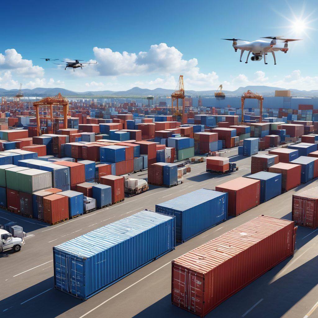 A modern logistics hub showcasing efficient shipping processes; include cargo containers, a fleet of trucks, and drones delivering packages with a clear blue sky in the background. Emphasize organization and reliability with workers coordinating shipments. Highlight technology like digital maps and tracking systems. super-realistic. vibrant colors. 3D.
